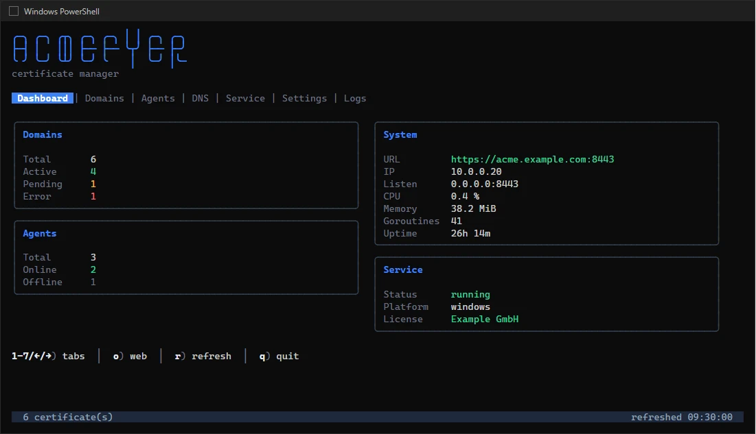 The server's console window: certificates, agents and status at a glance