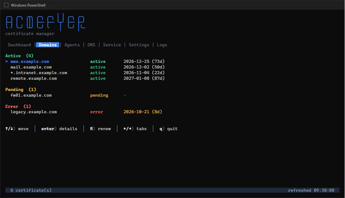 The certificates in the console window, sorted by state