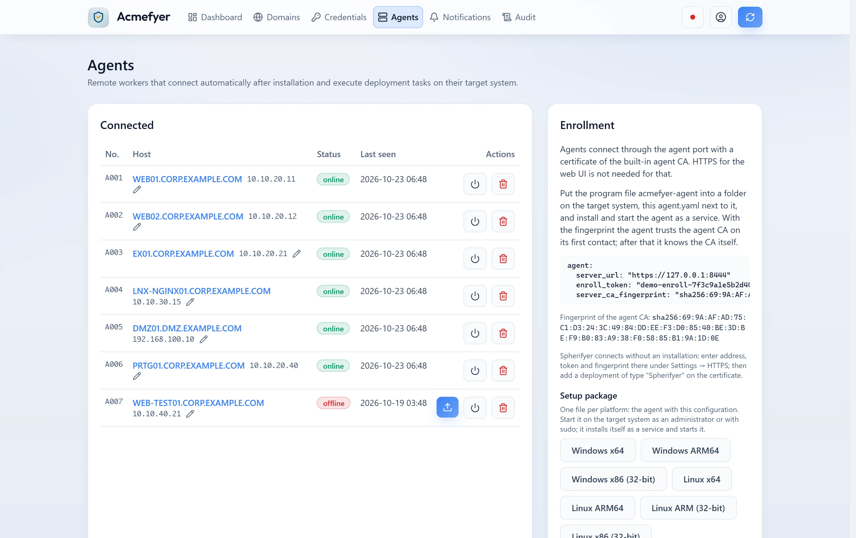 List of agents with number, host, IP address, status and last contact, on the right the enrollment with setup packages per platform.