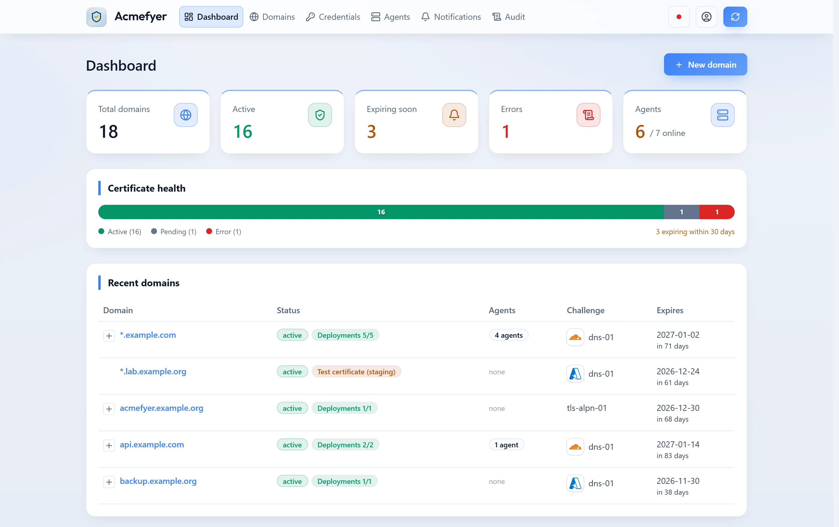 Dashboard with tiles for all, active, soon-to-expire and failed domains and the agents, below it the health of all certificates and the latest domains.