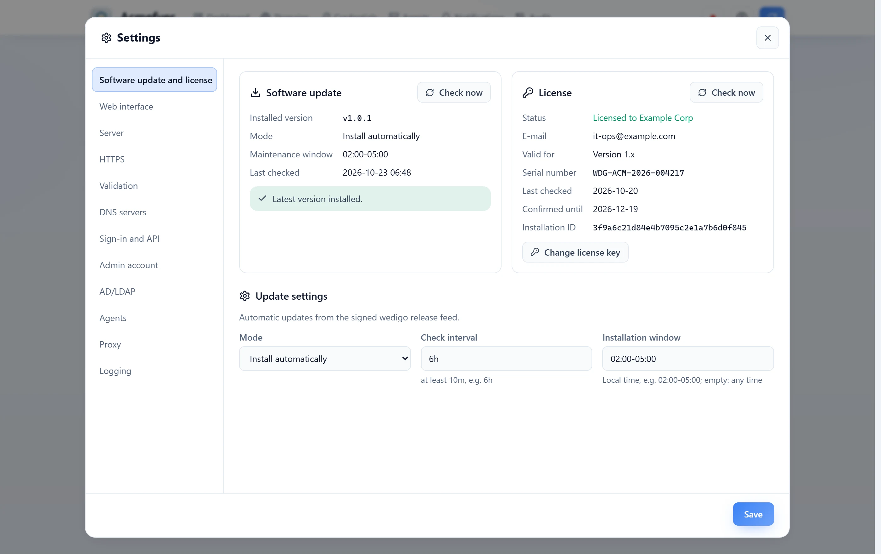 Settings dialog with software update and license, on the left the sections web interface, server, HTTPS, validation, DNS servers, sign-in, AD/LDAP, agents, proxy and logging.