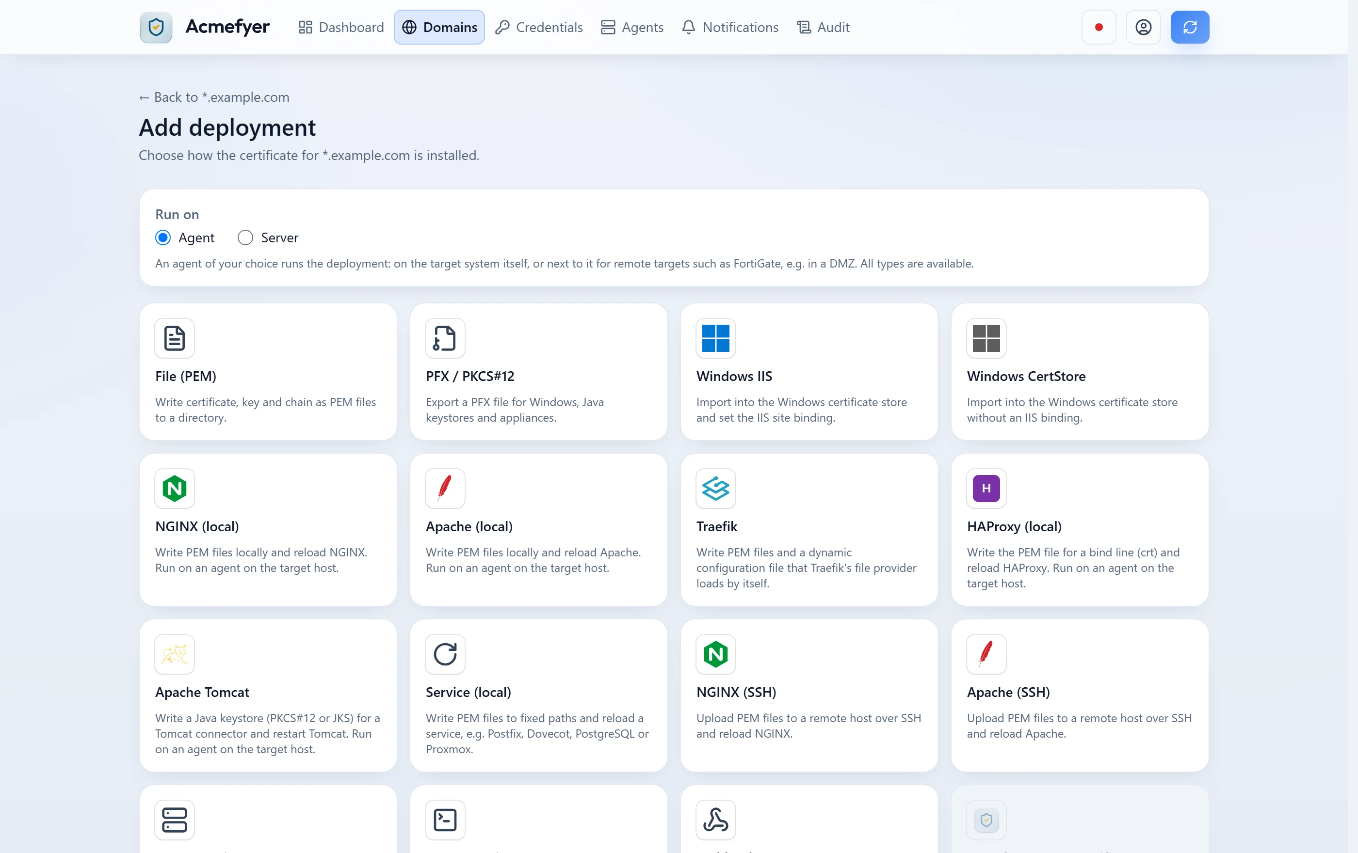 Choosing a new rollout target: file, PFX, Windows IIS, certificate store, NGINX, Apache, Traefik, HAProxy, Tomcat, service, SSH and more.
