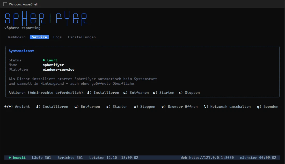 The Service tab in the console window